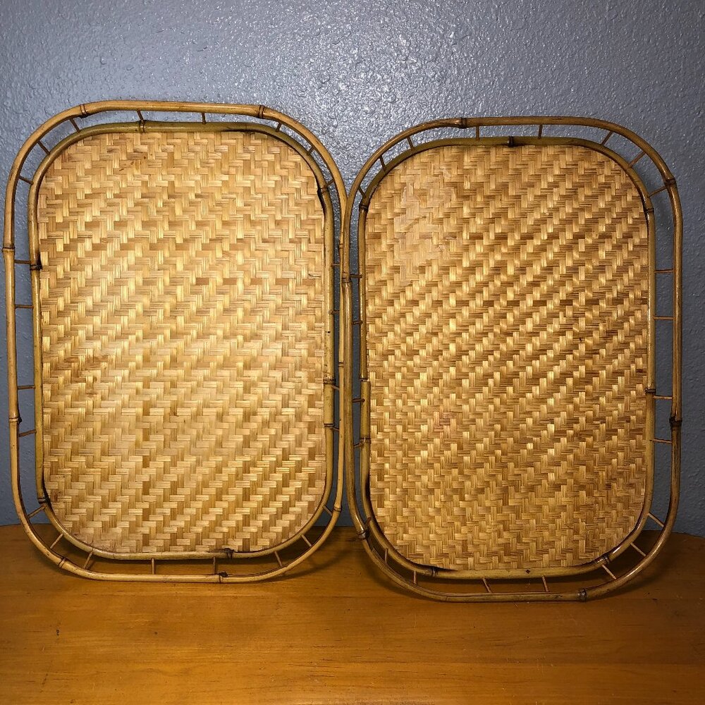 Vintage Bamboo Woven Rattan Wicker Straw TV Serving Laptrays Set of 2